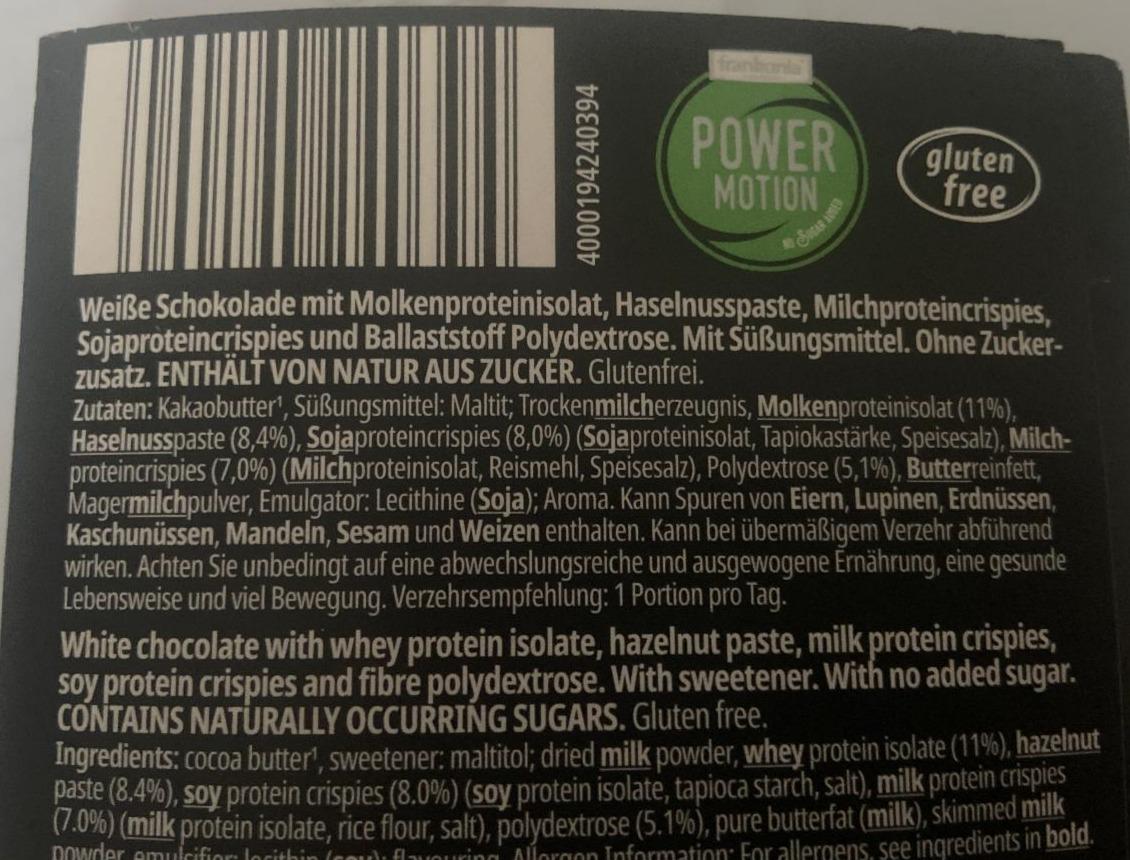 Фото - Protein white chocolate hazelnut crisp biała czekolada proteinowa z chrupkami i orzechami laskowymi 30g białka Frankonia