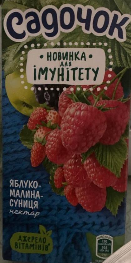 Фото - Яблуко-малиново-суничний нектар вітамінізований з м'якоттю стерилізований Садочок