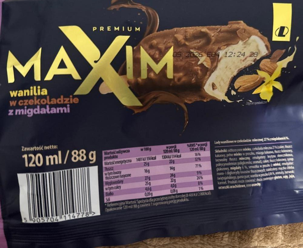 Фото - Lody waniliowe Maxim w czekoladzie mlecznej 27% z migdałami 6% Lewiatan