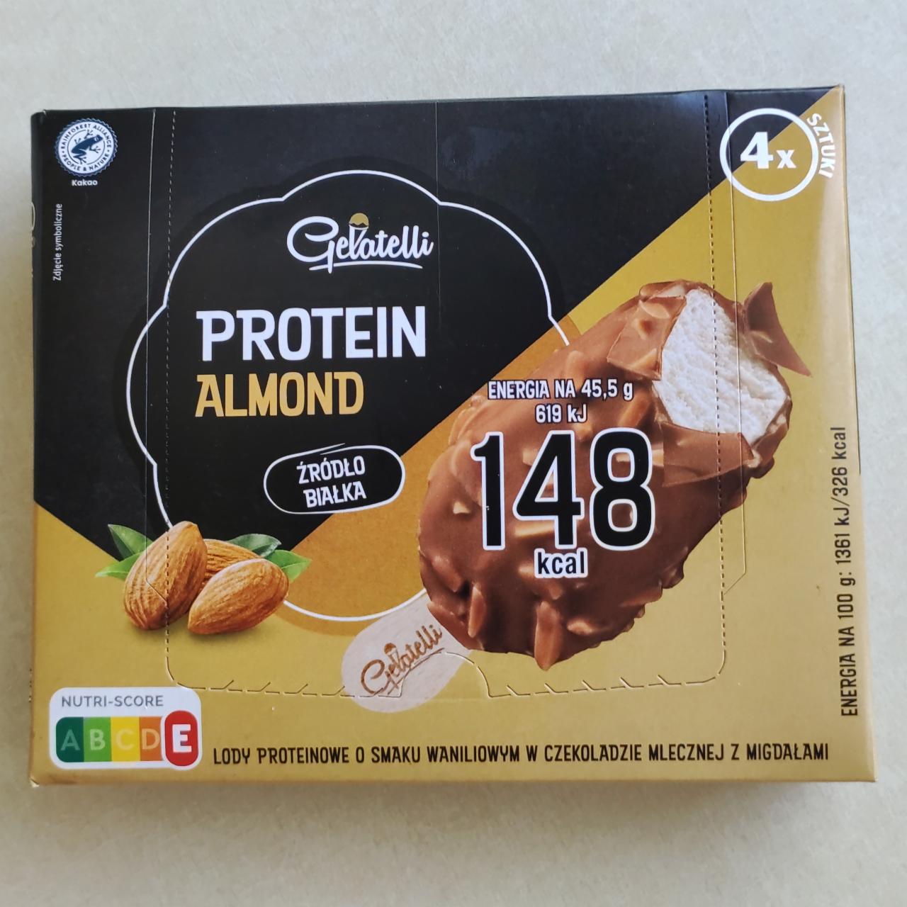 Фото - Lody o smaku waniliowym z polewa z czekolady mlecznej i migdalami Protein Almond Gelatelli