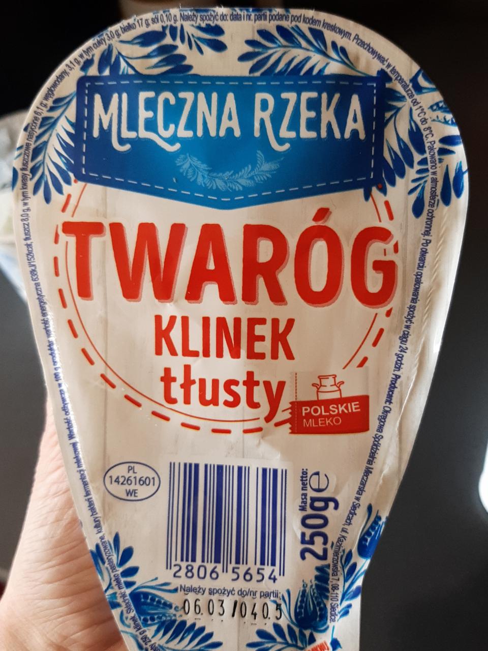 Twaróg Klinek Tlusty Mleczna Rzeka - калорійність, харчова цінність ⋙ ...