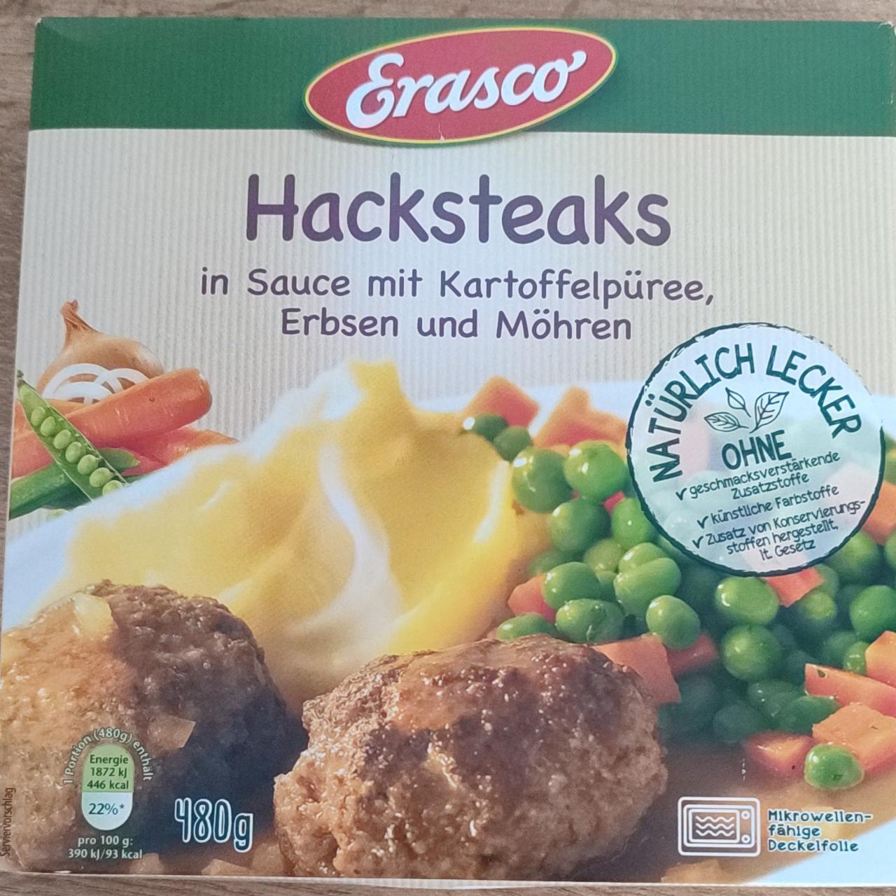 Фото - Hacksteaks in sauce mit kartoffelpüree, erbsen und möhren Erasco